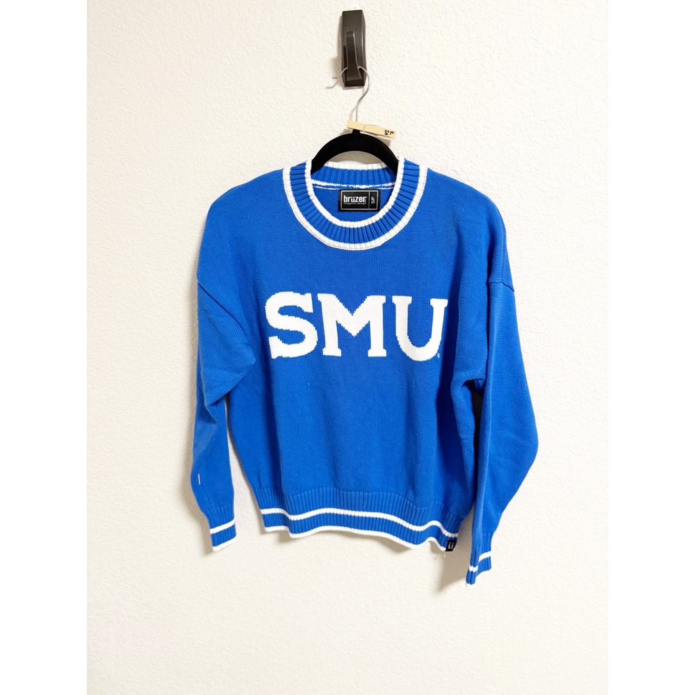 Bruzer SMU Mustangs Knit Sweater Royal Blue White Cotton Women Size Small
